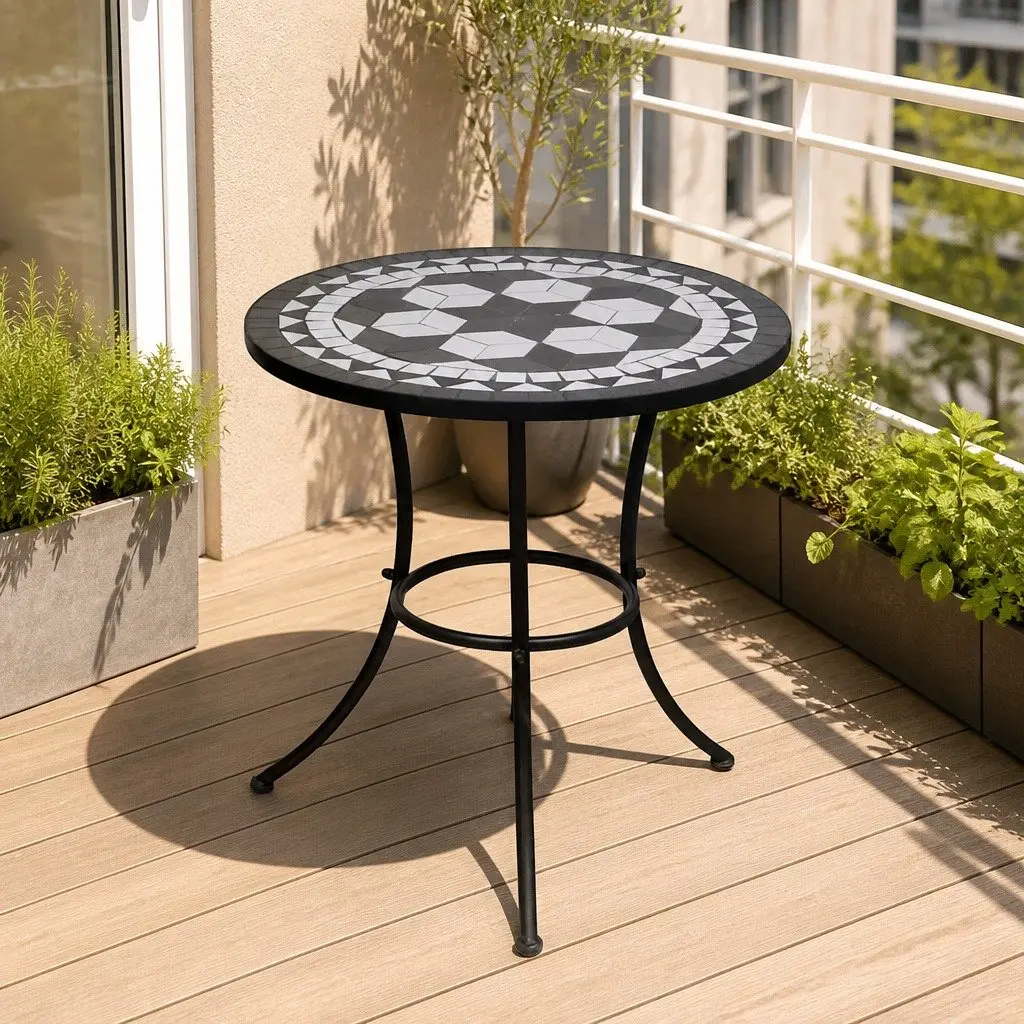 Mosaic Bistro Table Coffee 60cm Black White Ceramic Top
