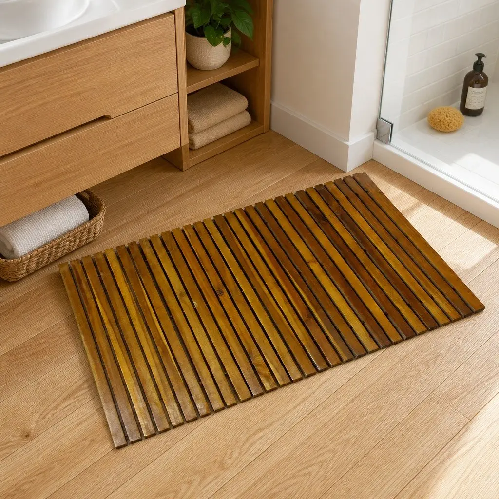 Acacia Wood Bath Mat Non-Slip Rubber Backing 80x50cm Brown