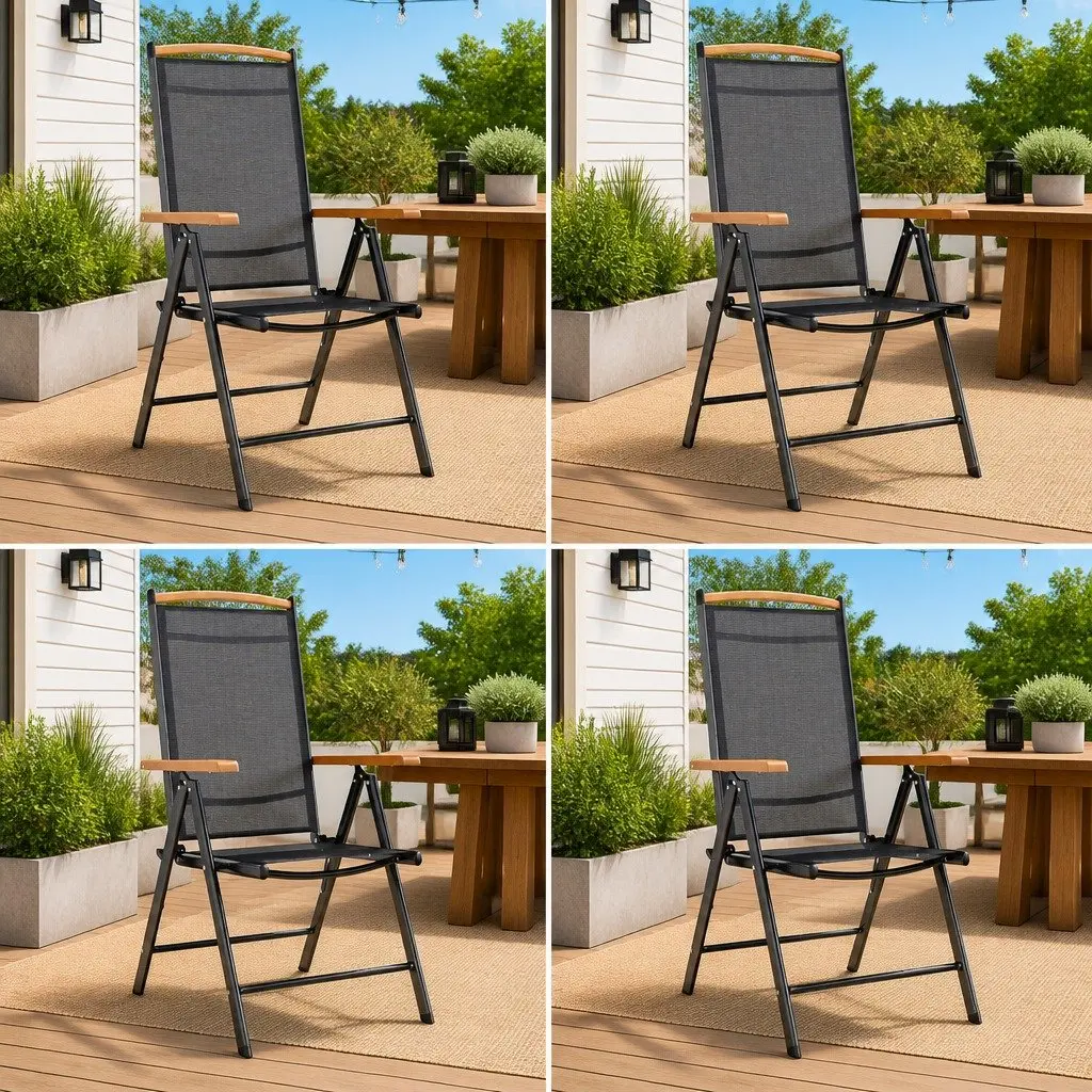 Folding Garden Chairs Set 4 Piece Outdoor Seating Adjustable 7 Position Black Textilene
