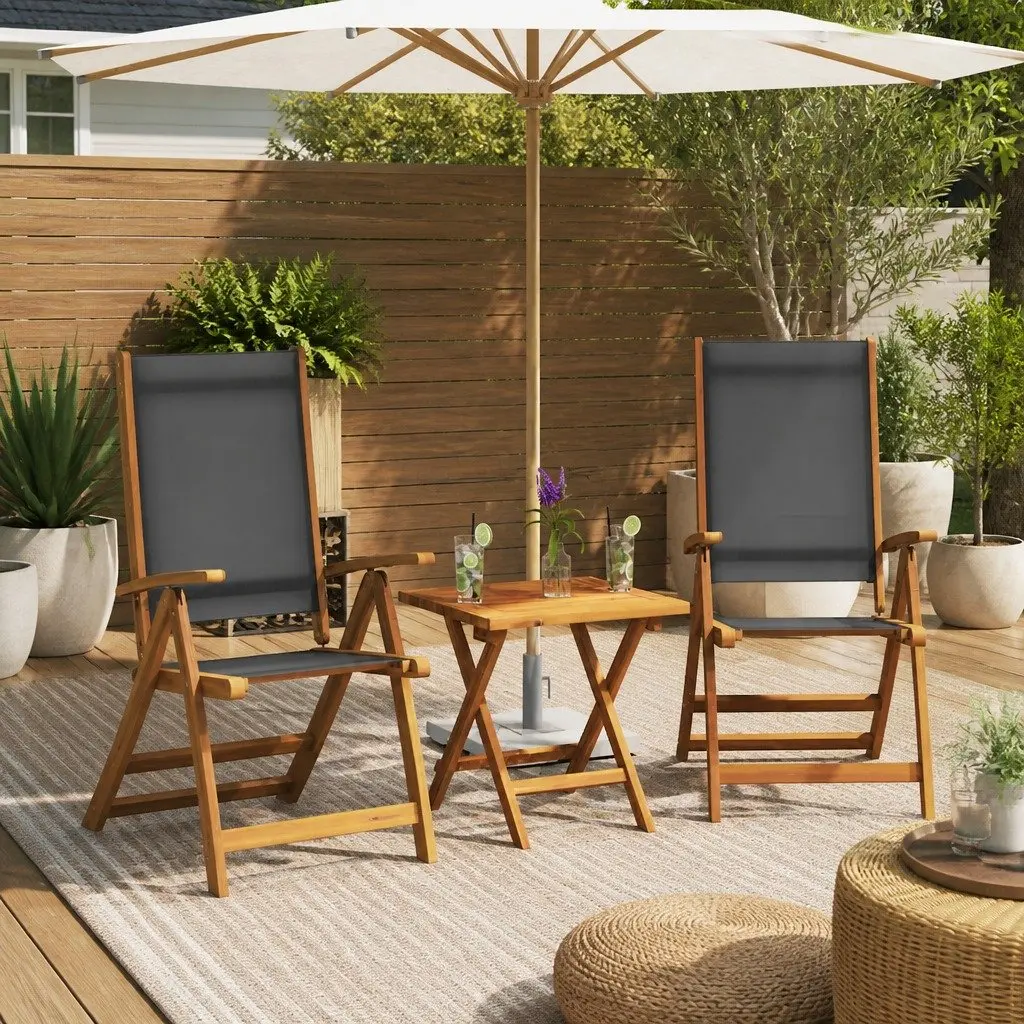 Folding Garden Chairs 2pc Set Outdoor Seating Acacia Wood Textilene Black
