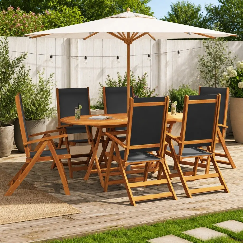 Outdoor Dining Set 7 Piece Acacia Wood Table Folding Chairs Brown