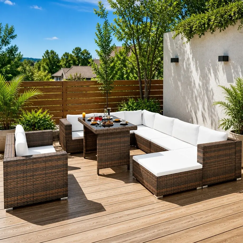 10 Piece Outdoor Garden Lounge Set with Cushions Poly Rattan Brown