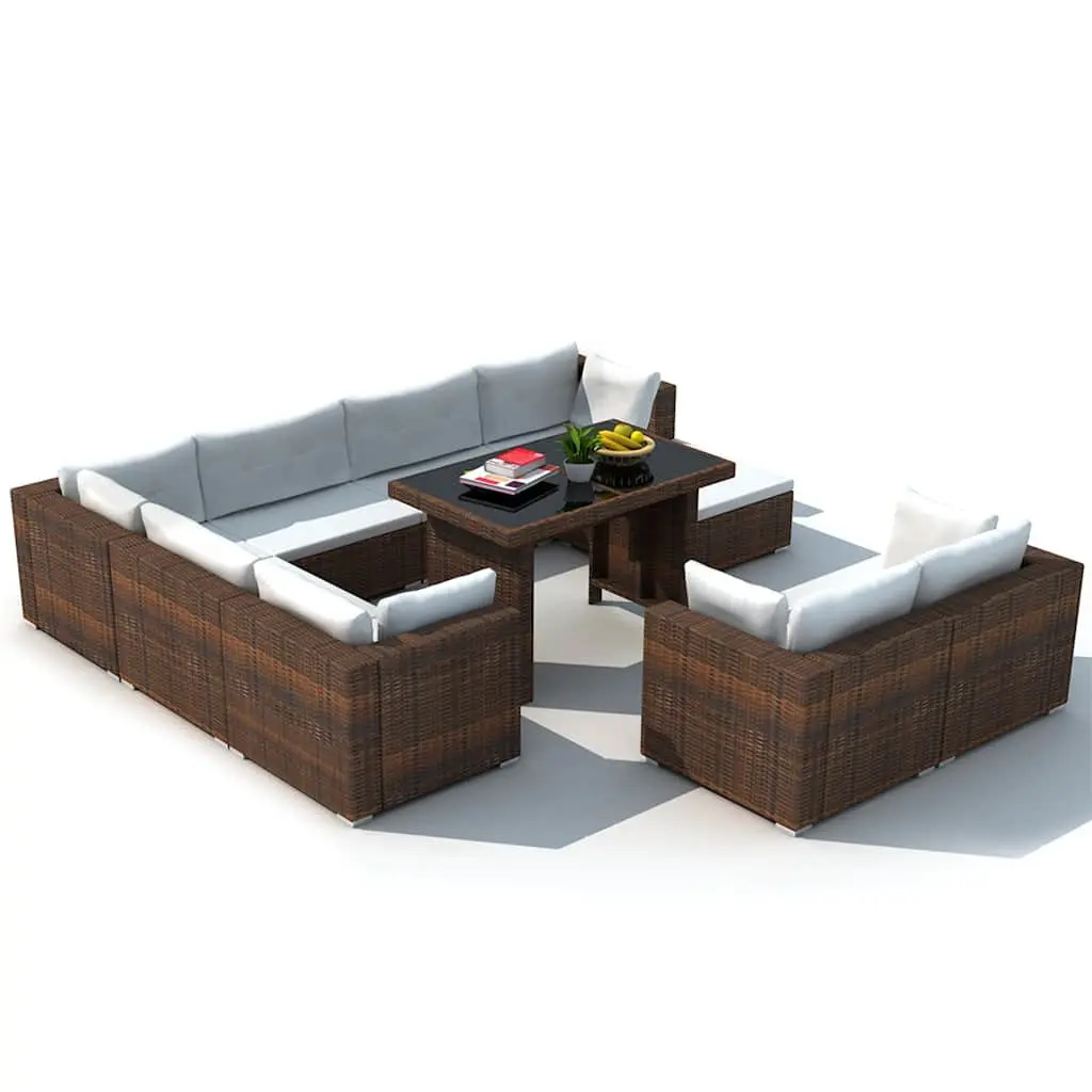 10 Piece Outdoor Garden Lounge Set with Cushions Poly Rattan Brown