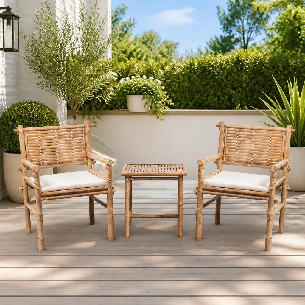 3 Piece Bistro Set Outdoor Furniture Brown Bamboo Table Chairs with Cushions