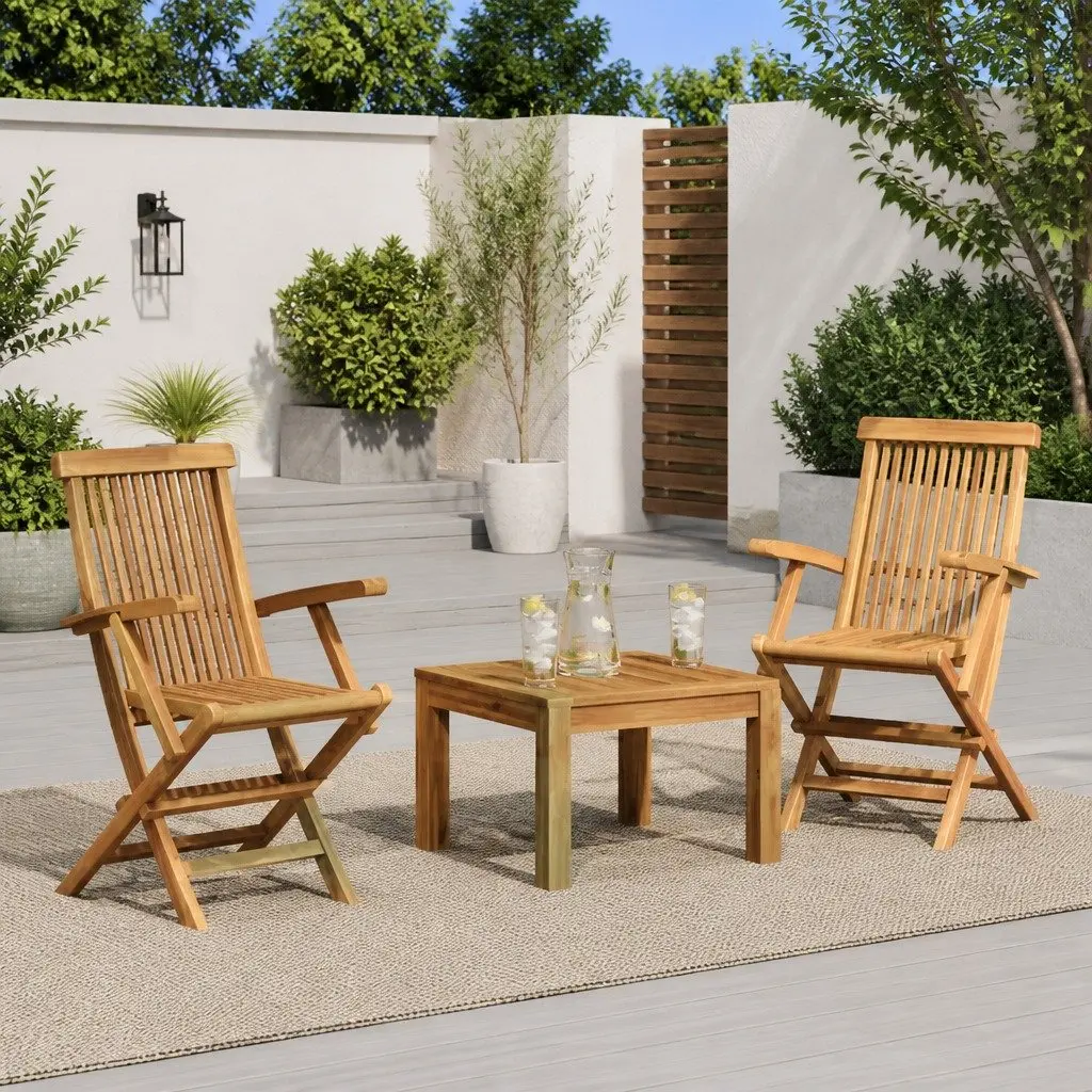 Outdoor Folding Garden Chairs Set 2 pcs Teak Wood Patio Seating Lightweight