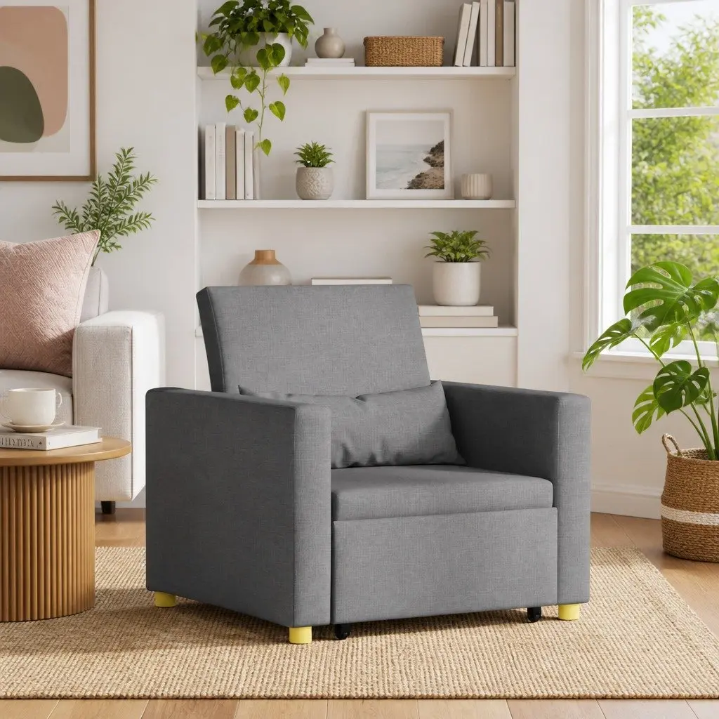 Pull Out Sofa Bed Single Grey 90x165x87cm 3-in-1 Convertible Armchair Recliner