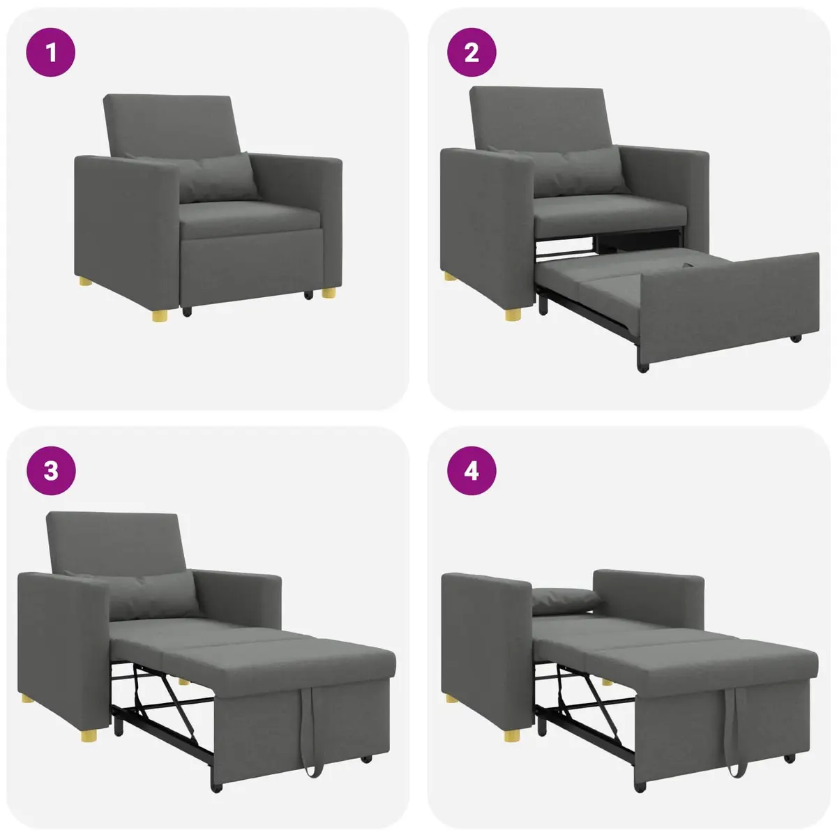 Pull Out Sofa Bed Single Grey 90x165x87cm 3-in-1 Convertible Armchair Recliner