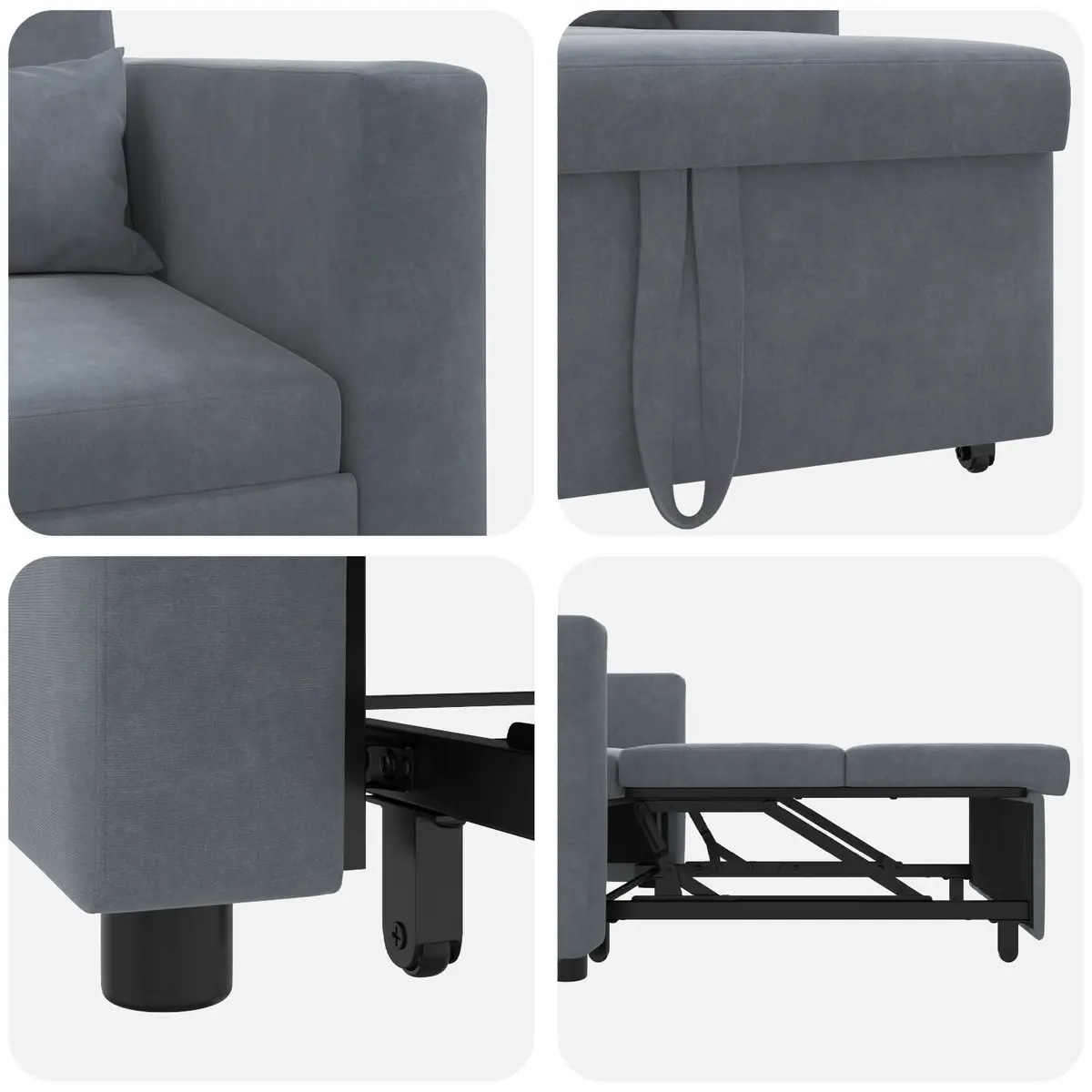 Single Sofa Bed Pull Out Chair Recliner 3-in-1 Adjustable Grey Velvet