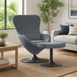 Comfortable and Practical Grey Velvet Egg Chair with Footstool