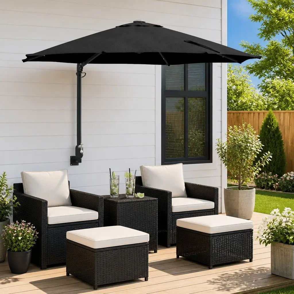 Garden Parasol Outdoor Shade 248cm Black with Adjustable Tilt and Solar LED Lights