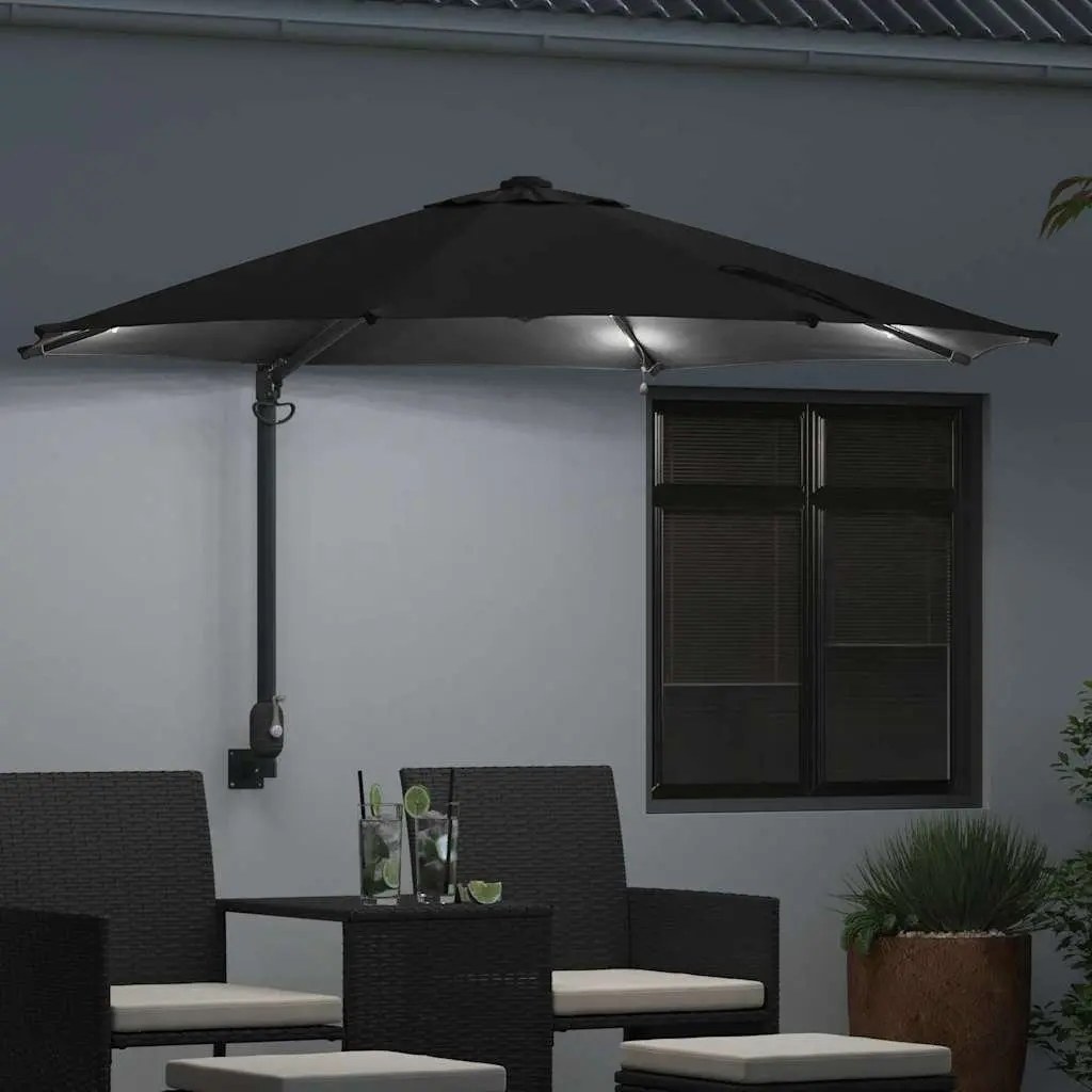 Garden Parasol Outdoor Shade 248cm Black with Adjustable Tilt and Solar LED Lights