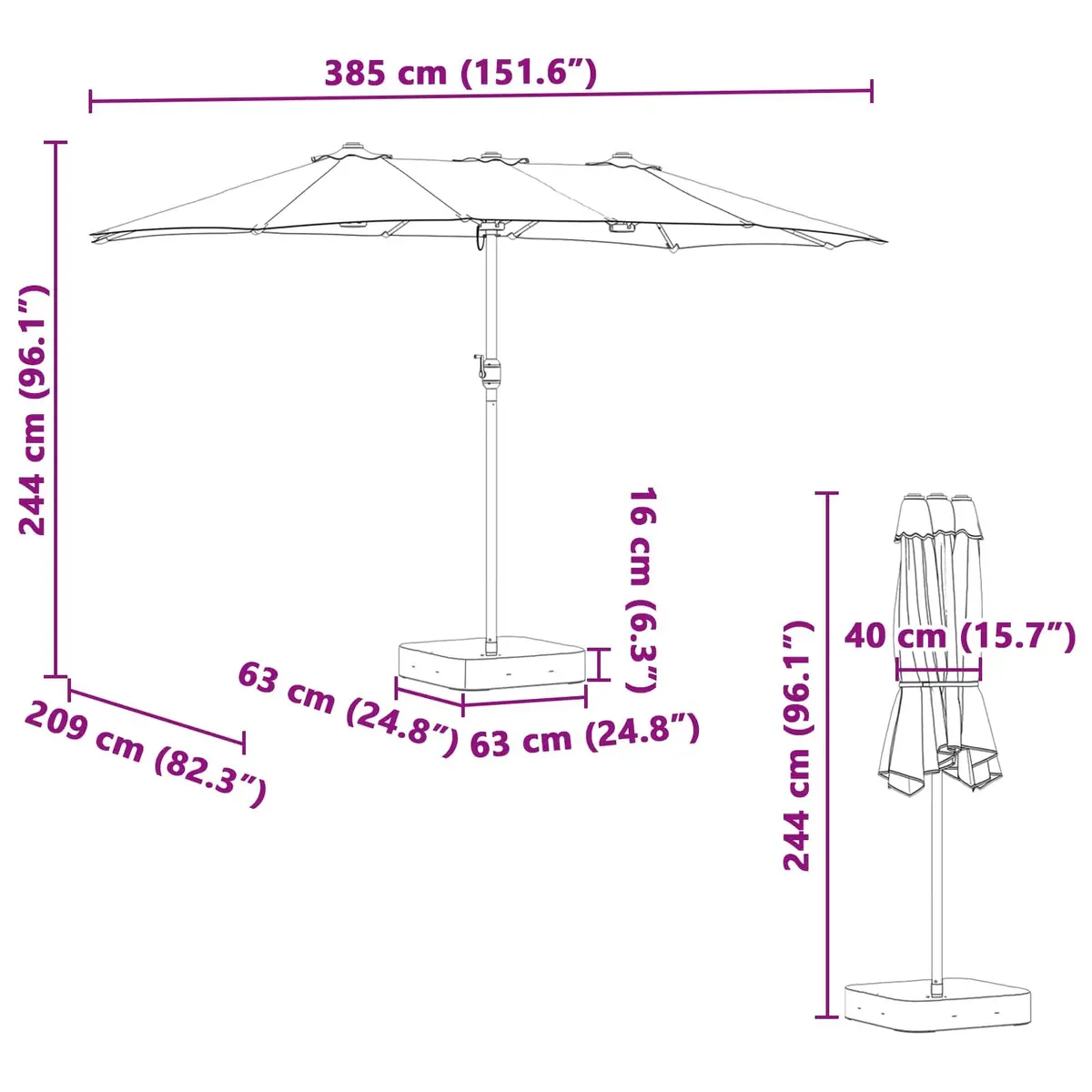 Garden Parasol Outdoor Umbrella 385 x 209 x 244 cm Anthracite Solar LED Crank
