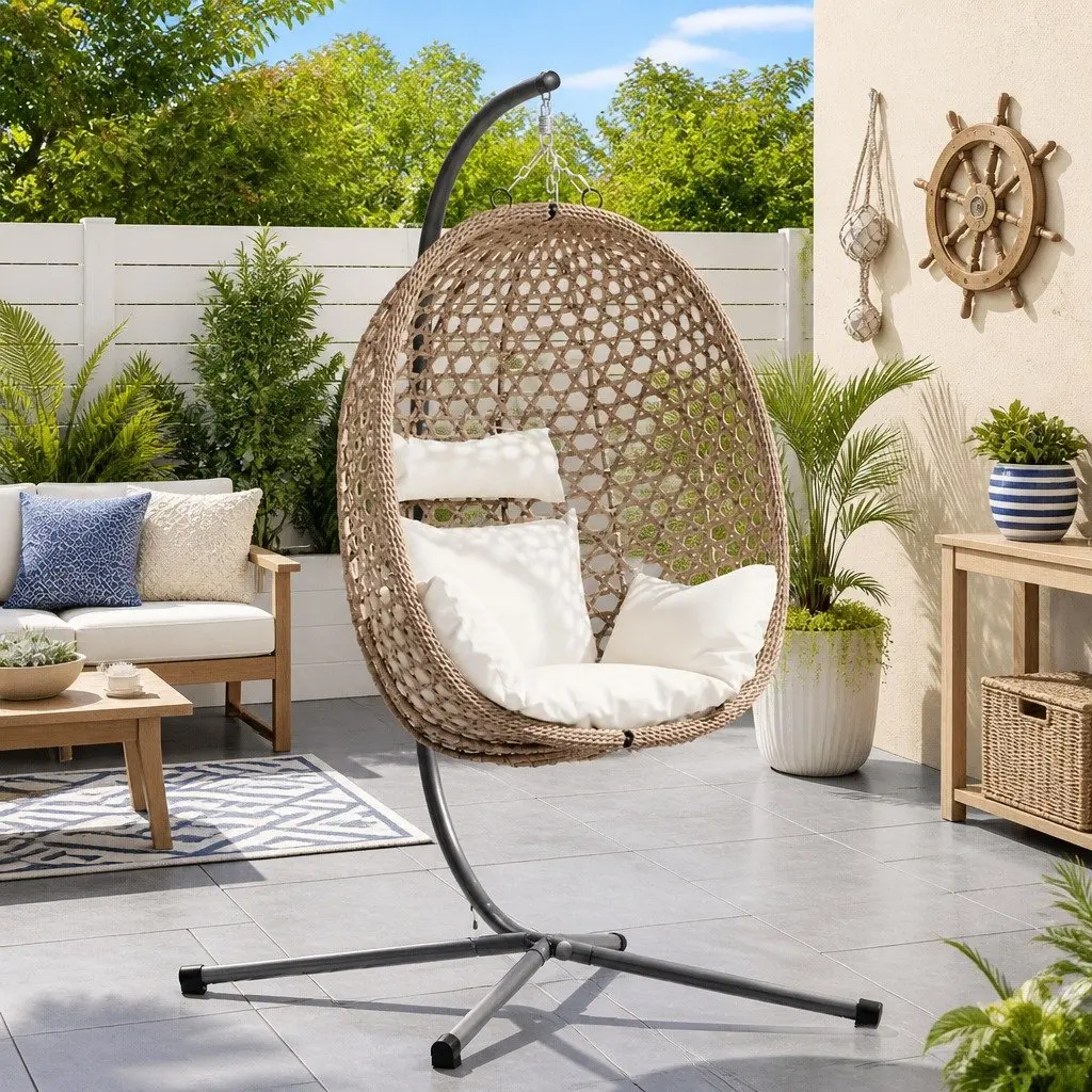 Hanging Egg Chair with Stand Relaxation Indoor Outdoor Cream Poly Rattan