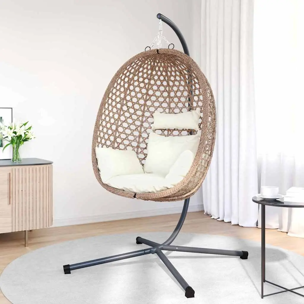 Hanging Egg Chair with Stand Relaxation Indoor Outdoor Cream Poly Rattan