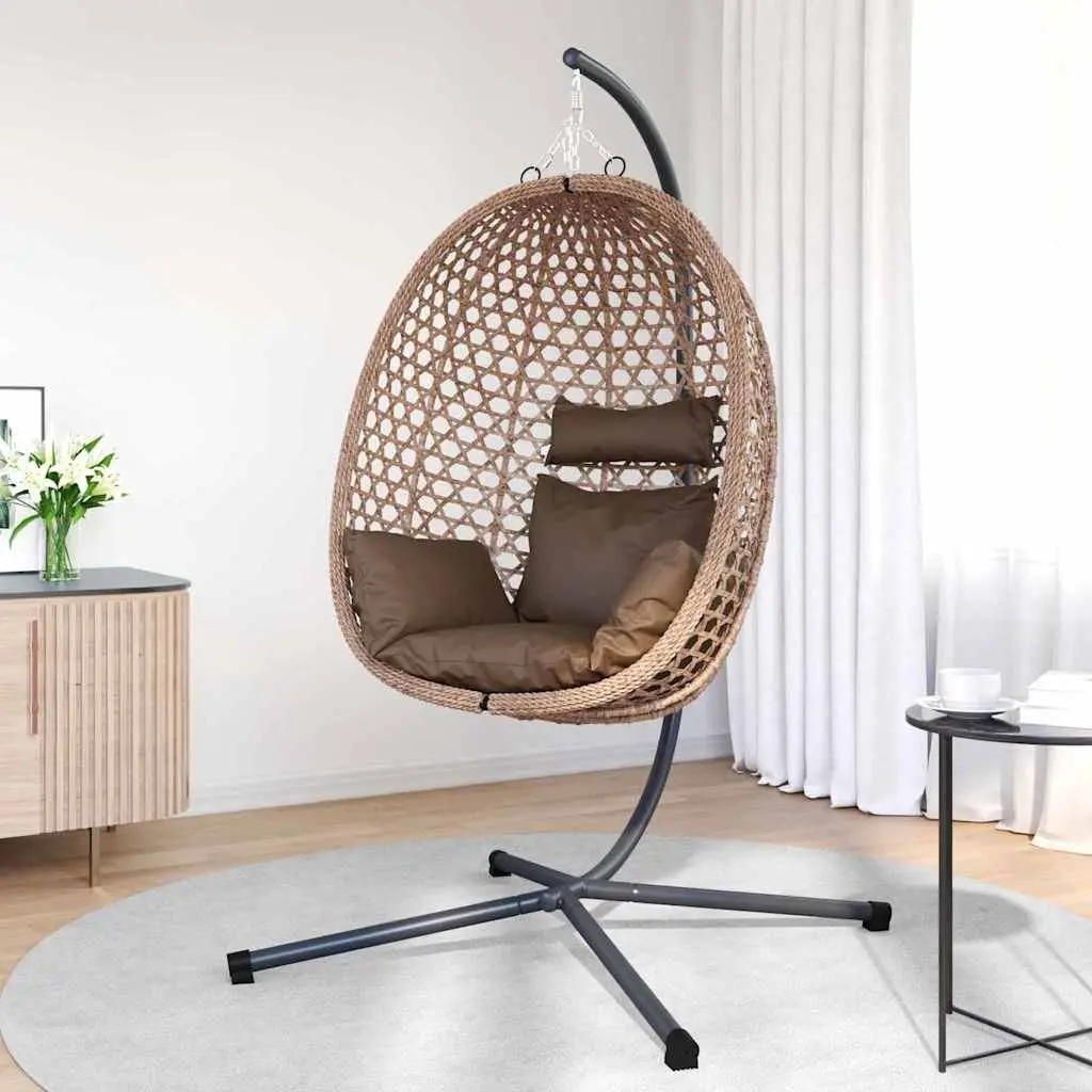 Hanging Egg Chair with Stand Indoor Outdoor Relaxation Foldable Brown Poly
