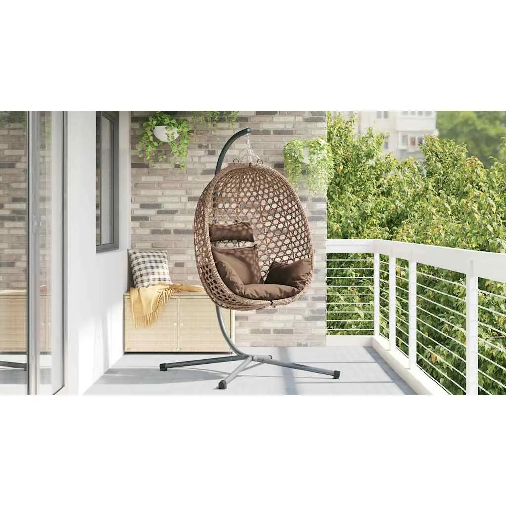 Hanging Egg Chair with Stand Indoor Outdoor Relaxation Foldable Brown Poly