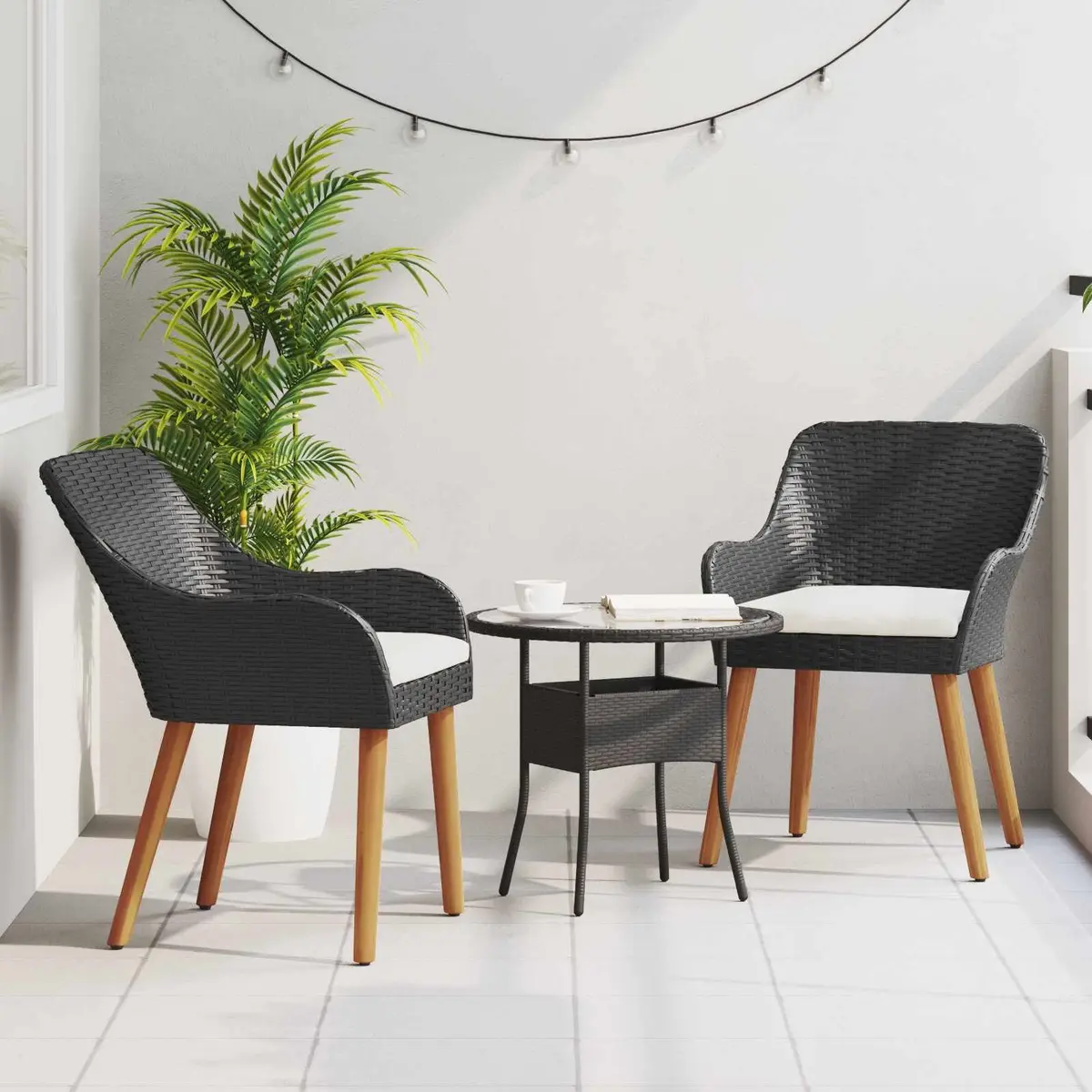 Outdoor Garden Chair Set 2pcs Black Poly Rattan Acacia Wood Legs