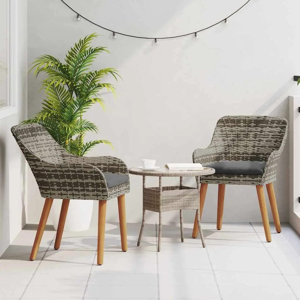 Outdoor Garden Chair Set 2 pcs Grey Poly Rattan Acacia Wood Legs