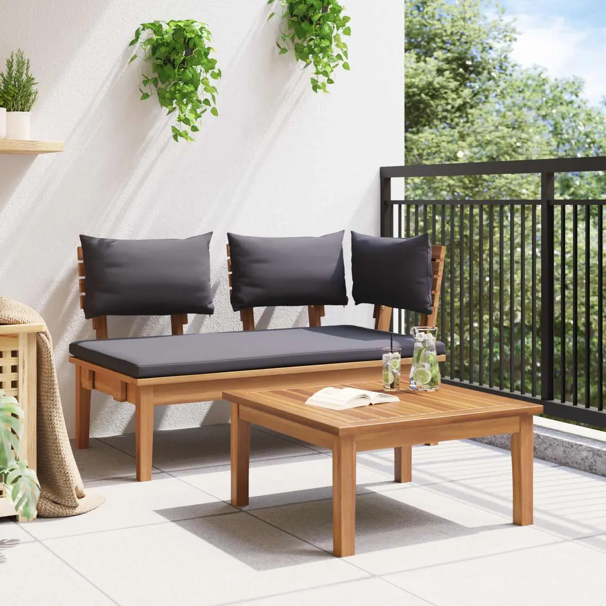 Garden Bench and Table Set Outdoor Furniture 2 Pieces Solid Teak Wood Grey