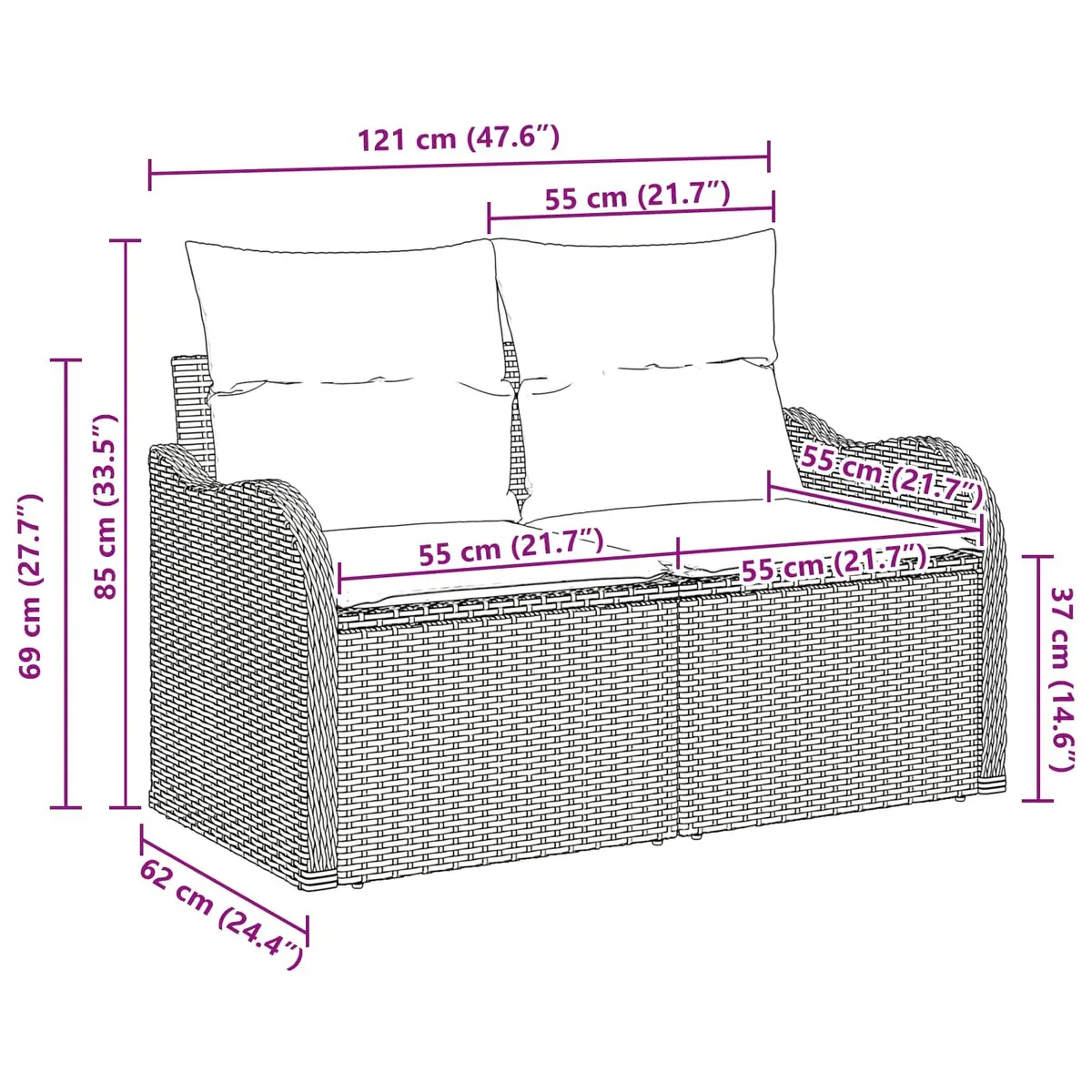 Outdoor Garden Sofa Cushion Black Poly Rattan Patio Seating