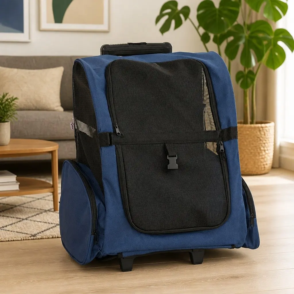 Pet Trolley 3-in-1 Rolling Carrier Backpack Hand Bag Blue