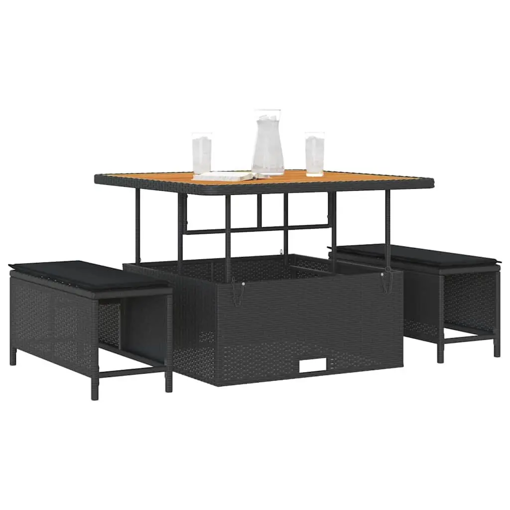 Garden Dining Set Outdoor Entertaining Black Poly Rattan Acacia Wood