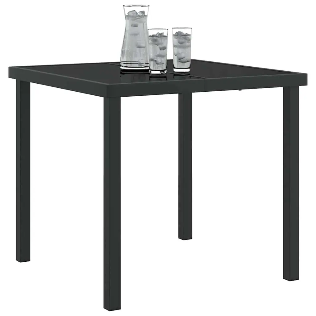 Garden Table Outdoor Patio Dining Metal Frame Tempered Glass Top Black 80 x 80 x 73 cm