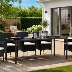 Garden Table 200x80x73cm Outdoor Dining Metal Frame Tempered Glass Top Black