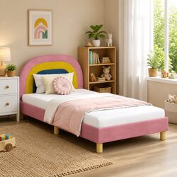 Kids Bed Frame with Headboard Pink 90 x 190 cm Velvet Touch Slatted Base