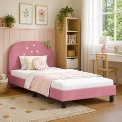 Reliable Kids Bed Frame with Headboard in Pink Velvet