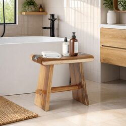 Shower Stool Natural Brown Solid Wood Bathroom Seating Plant Stand Indoor