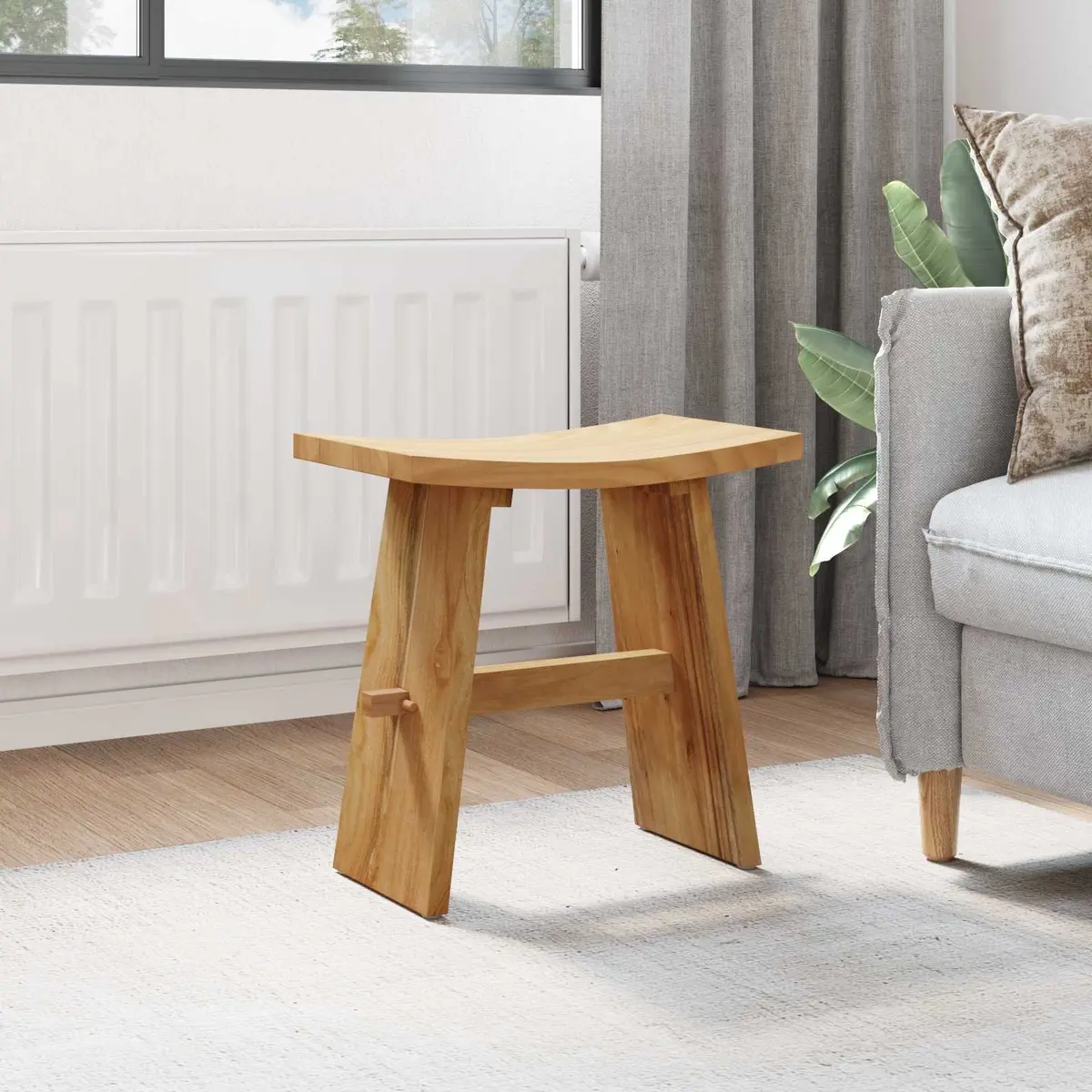 Bathroom Stool Modern Backless Compact Solid Teak Wood Brown 50 x 29.5 x 50.5 cm