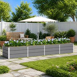 Steel Planter Light Grey 320x80x45cm Modern Garden Outdoor Indoor Raised Flower