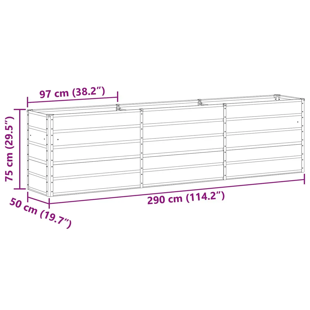 Steel Planter Anthracite 290 x 50 x 75 cm Garden Outdoor Raised Bed Galvanised