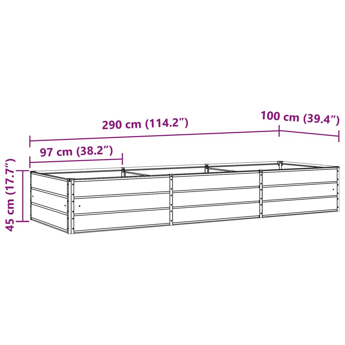 Large Steel Planter Anthracite 290 x 100 x 45 cm Galvanised Outdoor Garden
