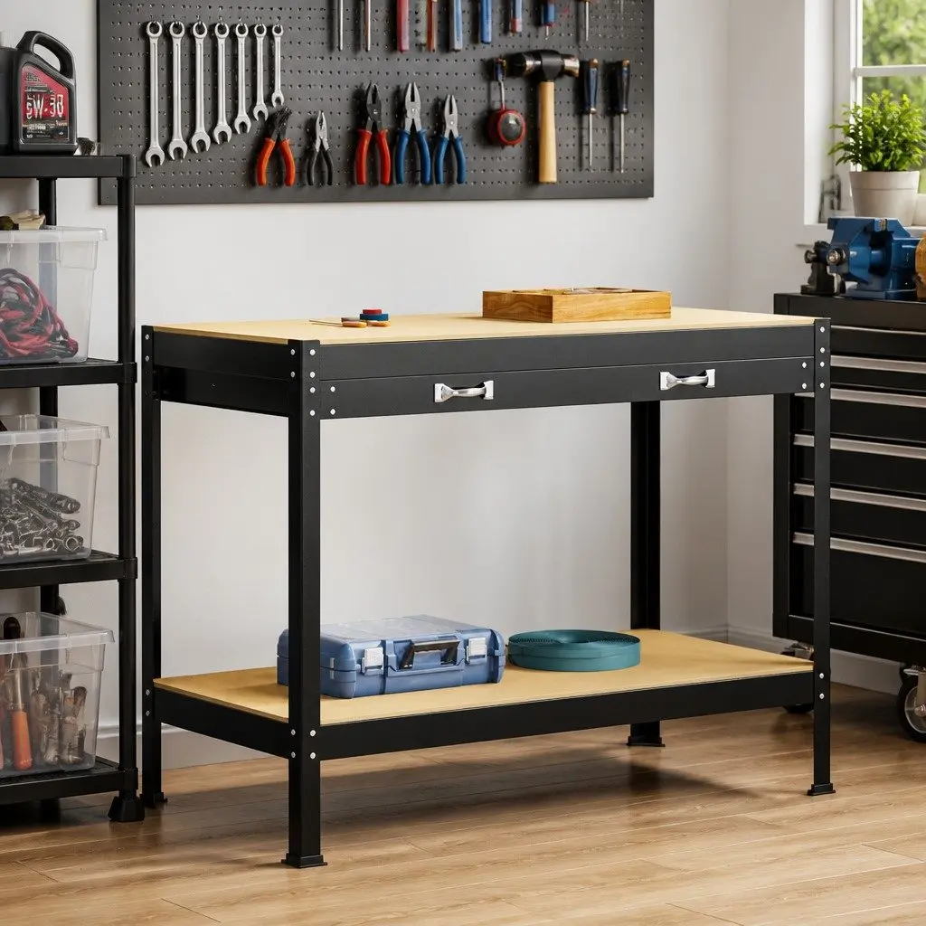 Workbench Black 114 x 54 x 91 cm Engineered Wood Metal Frame Pegboard Drawer