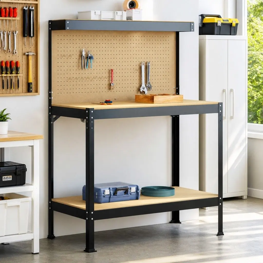 Black Workbench 114 x 54 x 145 cm for Workshop Needs