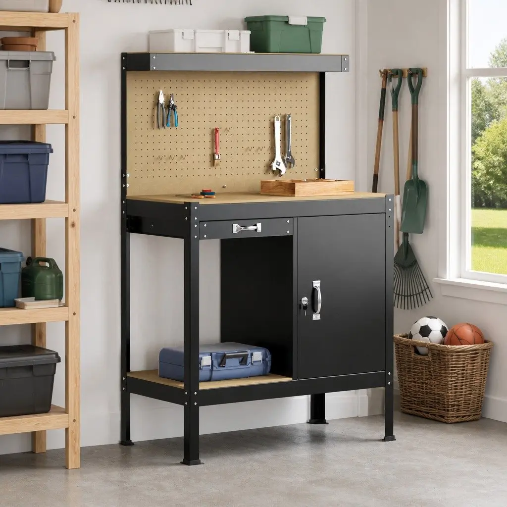 Workbench Black 90 x 49 x 141 cm Engineered Wood Metal Garage Workshop Storage