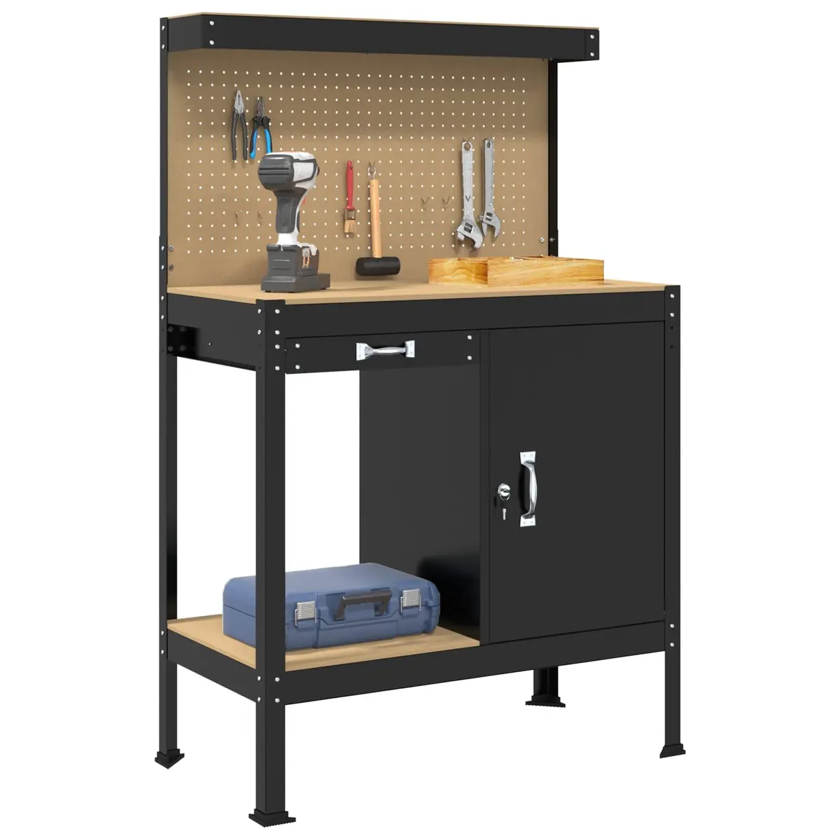 Workbench Black Engineered Wood Metal Storage 90 x 49 x 141 cm