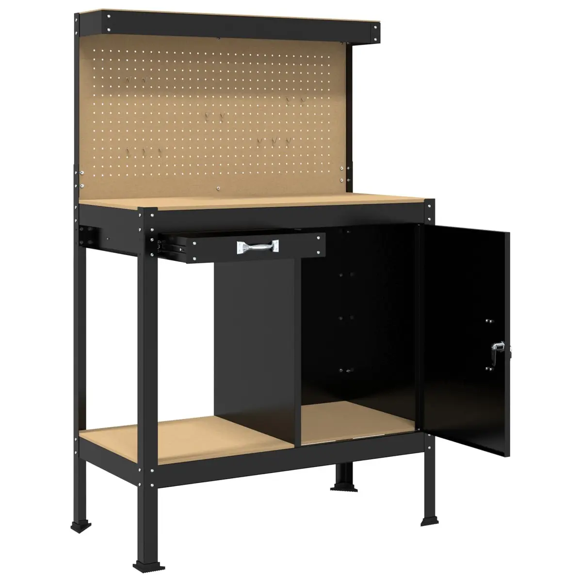 Workbench Black Engineered Wood Metal Storage 90 x 49 x 141 cm