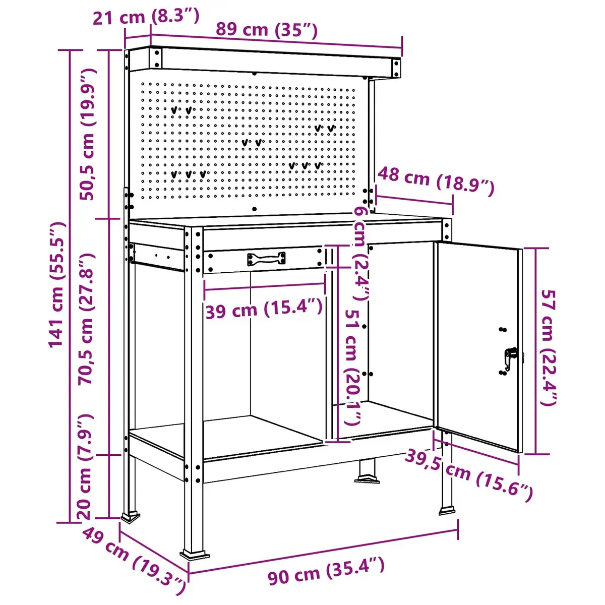 Workbench Black Engineered Wood Metal Storage 90 x 49 x 141 cm