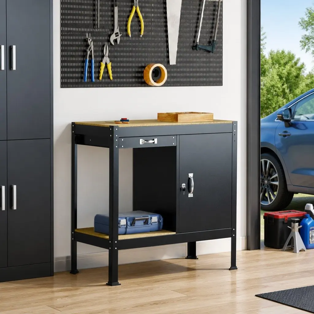 Workbench Black 90 x 49 x 91 cm Engineered Wood Metal Storage Garage Workshop