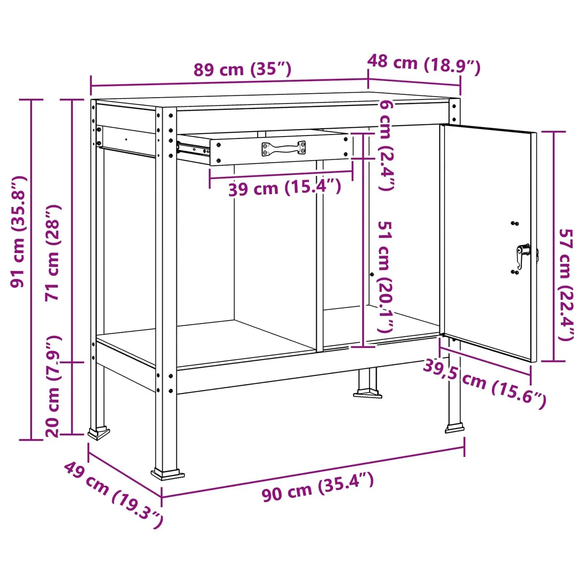 Workbench Black Engineered Wood Metal Storage 90 x 49 x 91 cm