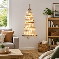 Hanging Christmas Tree 90 cm Warm LED Lights Wall Door Decor Natural Ash Wood