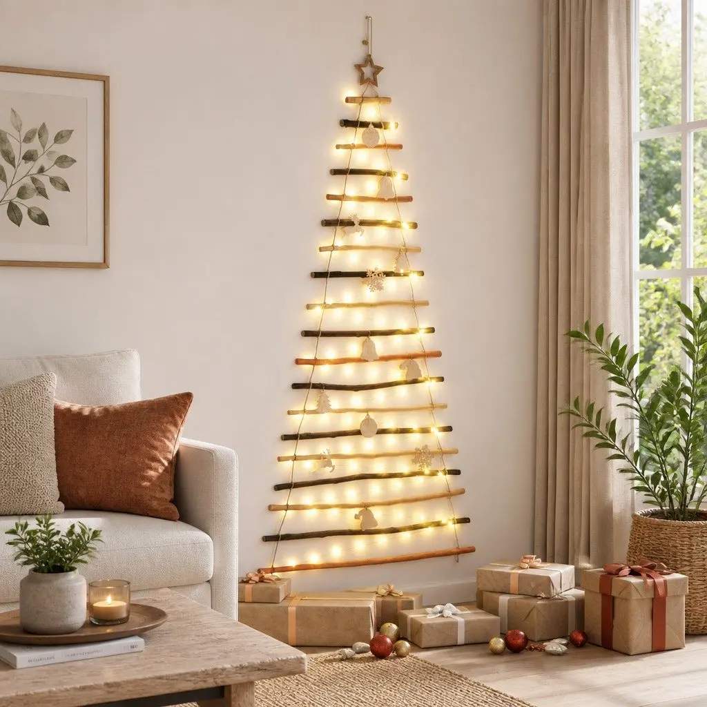 Hanging Christmas Tree Indoor 180cm Brown Solid Ash Wood 100 Warm LED Lights USB Powered