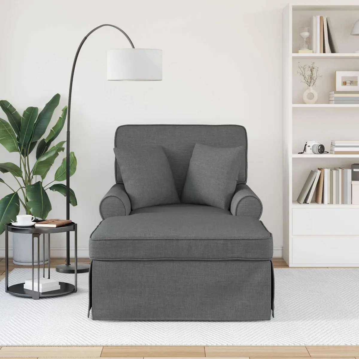 Chaise Lounge Skirt Dark Grey Fabric Modern Living Room Bedroom Relaxation Set of 3 Pieces