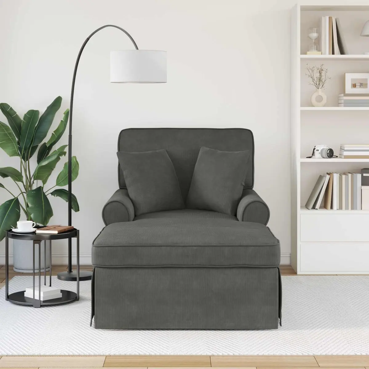 Chaise Lounge Modern Living Room Bedroom 3 Piece Dark Grey Corduroy Fabric