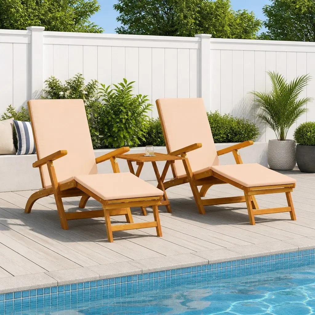 Sun Lounger Reclining Folding Chair Outdoor Garden Patio Furniture Wooden 2 Pack