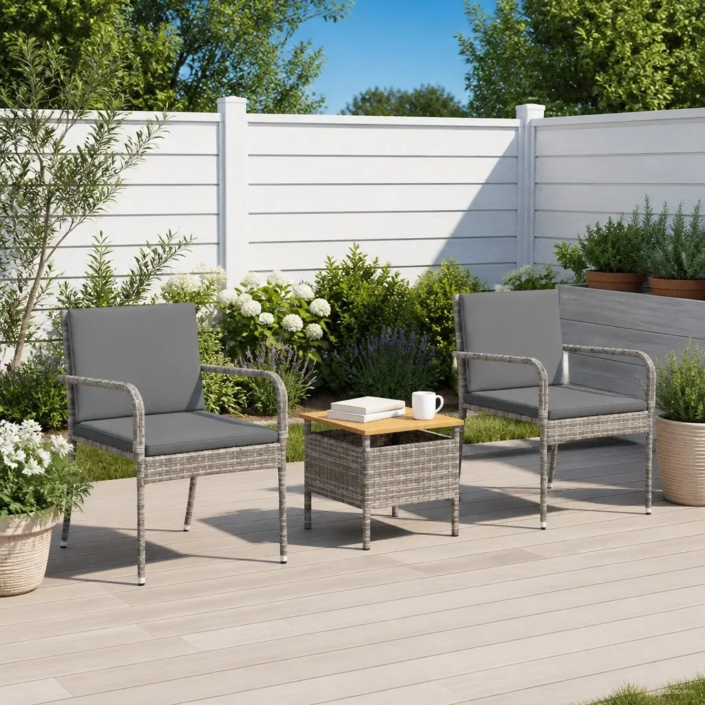 Garden Bistro Set 3 Piece Outdoor Furniture Grey Poly Rattan with Cushions