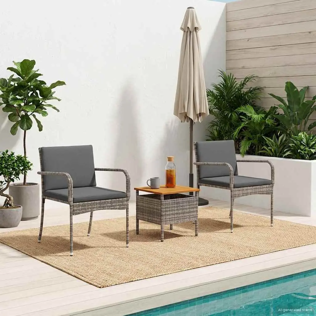 Garden Bistro Set 3 Piece Outdoor Furniture Grey Poly Rattan with Cushions